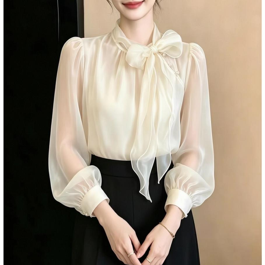 法式米白蝴蝶结泡泡袖衬衫女