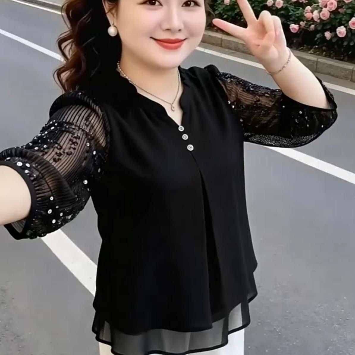 大码女装黑色透视网纱袖V领衬衫女洋气百搭减龄上衣女装长袖宽松