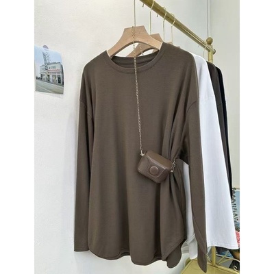 棉搭配鲨鱼裤遮肉显瘦长袖T恤女春秋大码宽松中长款打底衫上0111r