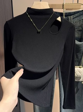 0111r春季新款半高领镂空长袖内搭衣女大尺码百搭内搭修身正肩T