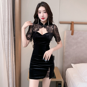 夜总会连衣裙女旗袍领足疗店足浴技师工作服性感蕾丝夜场上班衣服