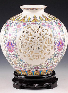 景鑫景德镇陶瓷器新中式粉彩镂空薄胎花瓶客厅工艺品小摆件家居酒