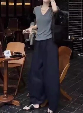 英国chrry koop夏季新款高级灰色v领t恤松弛感宽松阔腿裤女