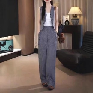 英国chrry koop新款时尚复古条纹马甲高腰显瘦直筒裤洋气女