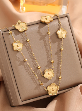 英国chrry koop双面五叶花长款毛衣链轻奢高级感百搭简约大气钛