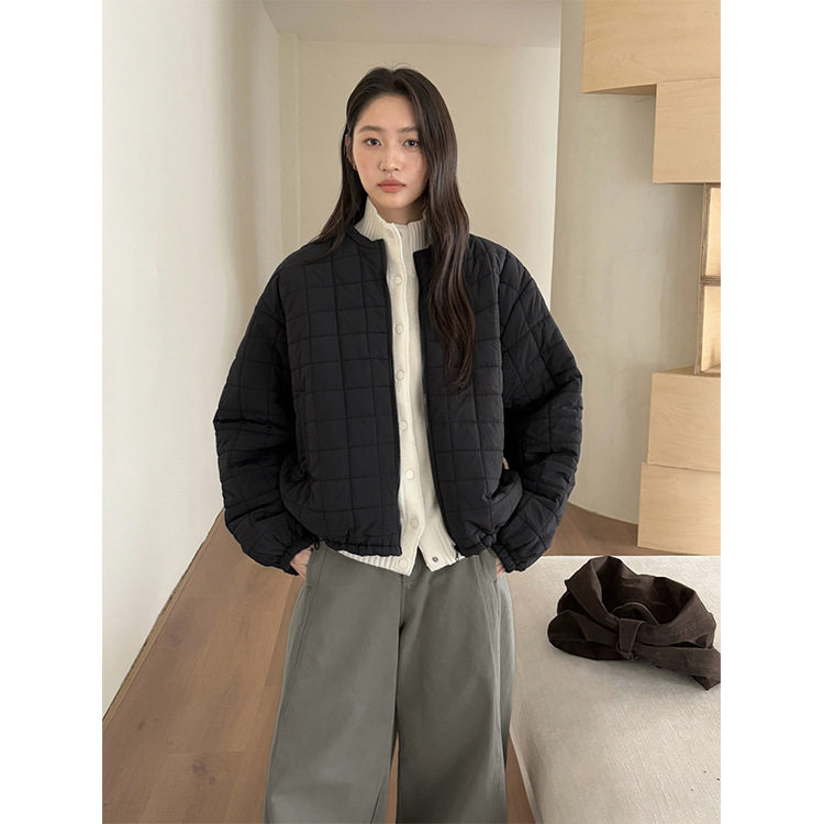 法国gentle motto 休闲风格子绗缝夹棉抽绳宽松棒球棉服外套女