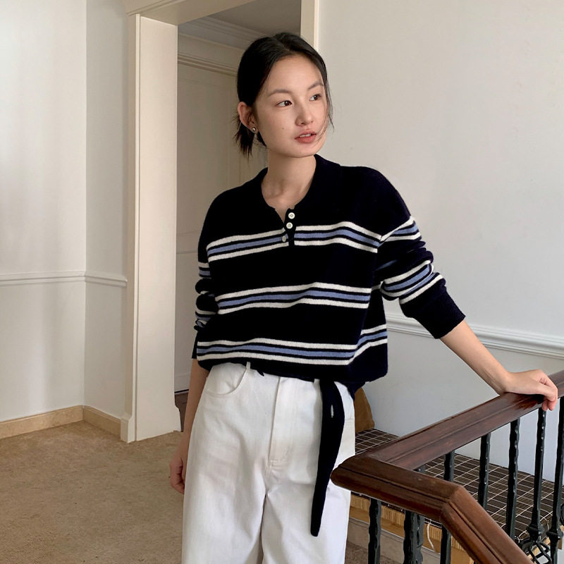 英国cherrykoko 通勤条纹拼色羊毛针织polo衫女秋冬保暖毛衣