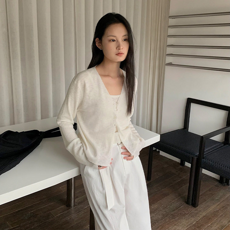 英国cherrykoko 纯色简约叠穿吊带针织系扣开衫两件套女春季上衣