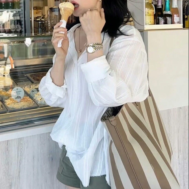 宋慧乔同款白衬衫女夏季防晒长袖薄款肌理感中长款衬衣
