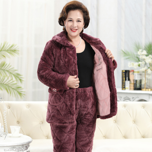 全棉纯棉睡衣女秋冬季加厚加绒珊瑚绒夹棉中老年人妈妈新款保暖家