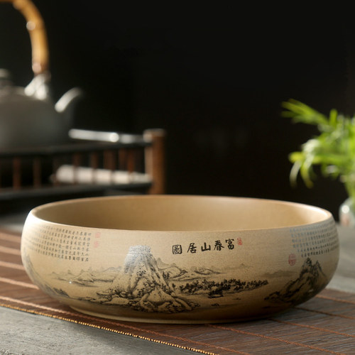 中式覆古特大号茶洗粗陶家用大号水洗茶杯盆陶瓷茶具配件笔洗水盂