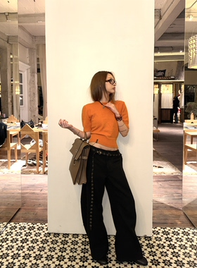 13311橙色针织短袖短款修身上衣外套女春季