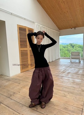 13311原创暗红低腰阔腿做旧褪色水洗设计感灯笼廓形弯刀休闲裤