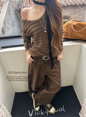 13311原创设计感斜肩毛绒长袖T恤女宽松显瘦百搭打底衫上衣秋新款