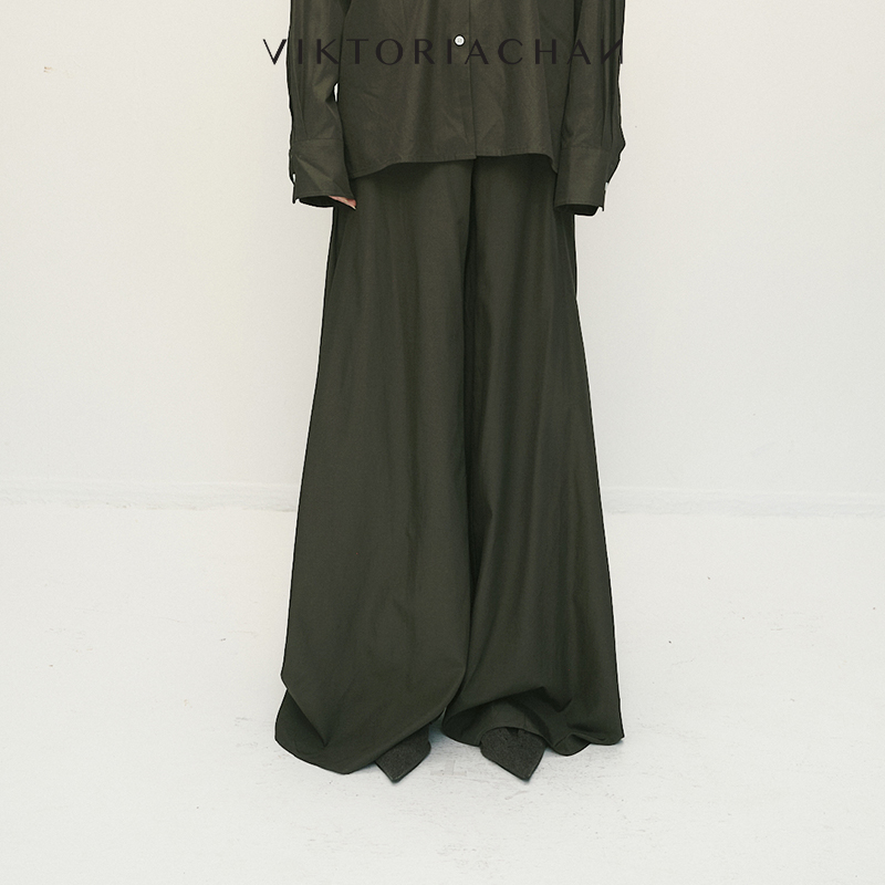 侧打褶阔腿垂感微喇长裤