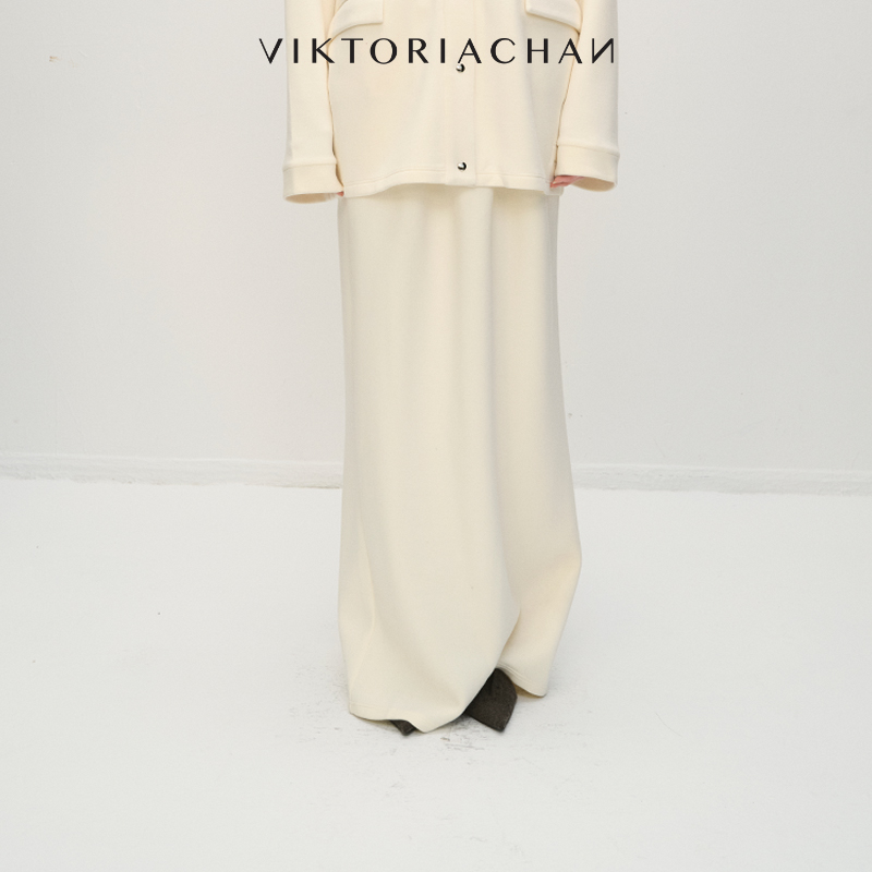 松紧腰打褶直筒开衩半身裙