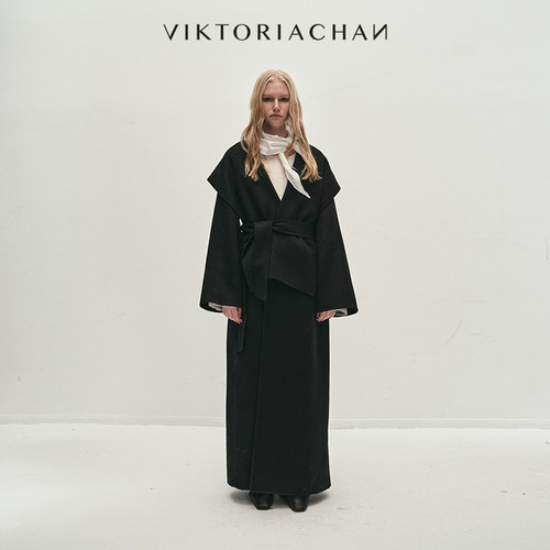 VIKTORIACHAN25/26秋冬成衣系列新品 大翻领系带长款双面呢大衣