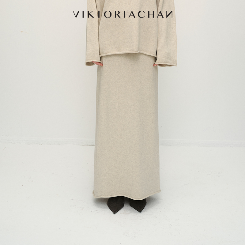 弹力针织后开衩直筒半身裙