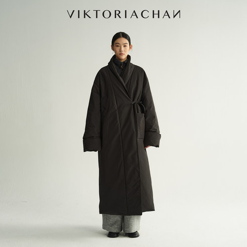 新品立领围裹系带长款羽绒服外套
