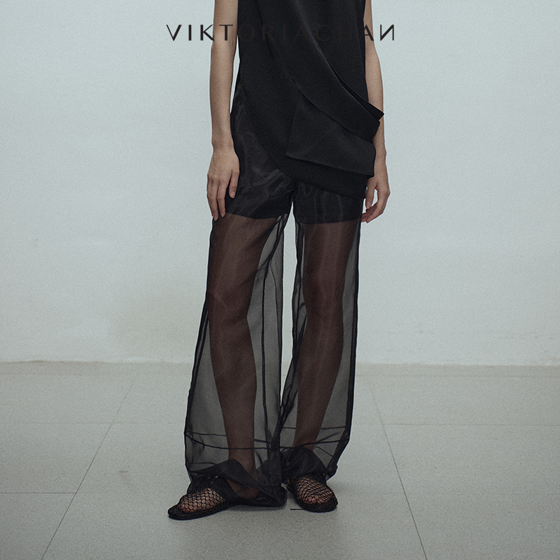 拼接透纱层次感直筒休闲长裤