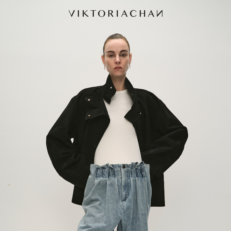 立领落肩宽松绒面麂皮外套