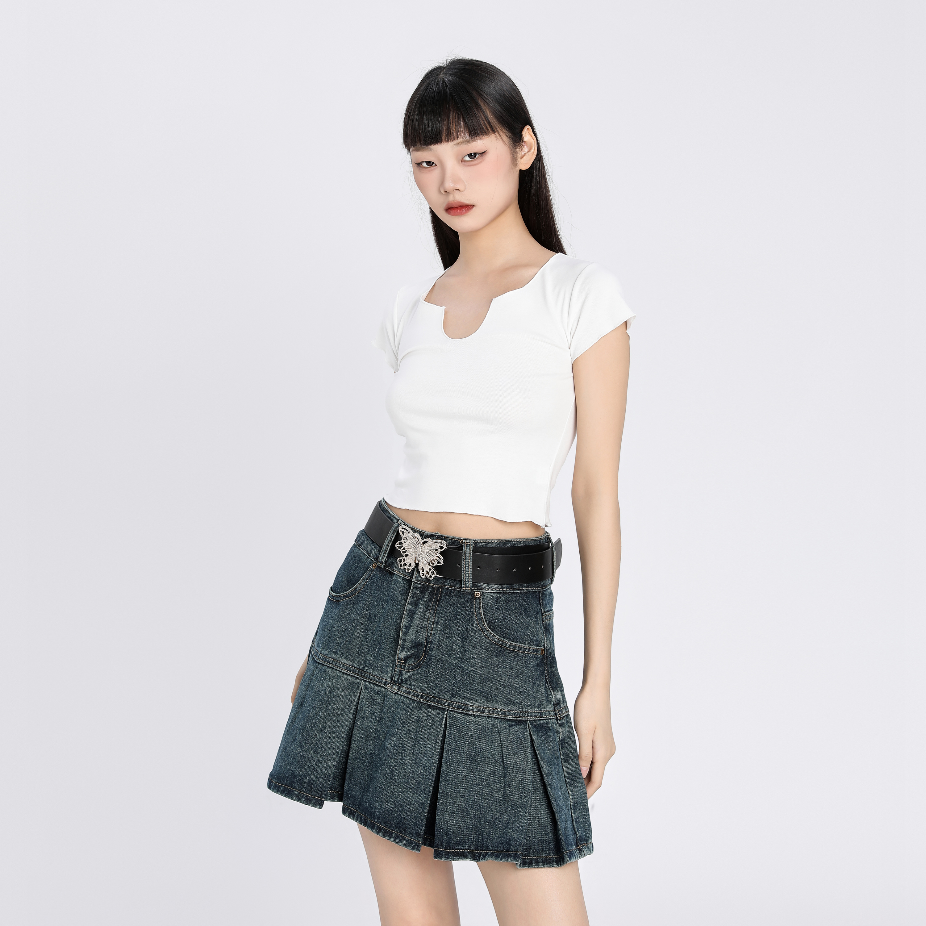 GTLA 纯色V领木耳边露脐套头短款短袖T恤 女款 白色