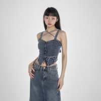 美式街頭風(fēng)兩件套鏤空開衩復(fù)古牛仔裙一套背帶裙