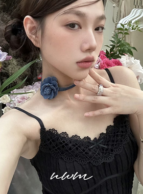 蓝色牛仔山茶花颈链choker项链女