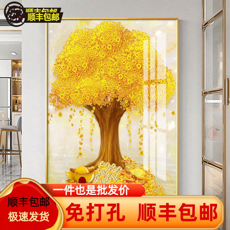入户正对门玄关装饰画走廊过道新中式晶瓷镶钻客厅发财树墙壁挂画图片