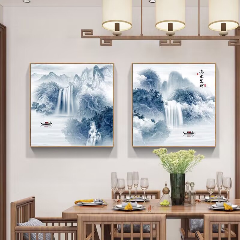 新中式客厅沙发背景墙装饰画餐厅正方形中国风山水画入户玄关挂画图片