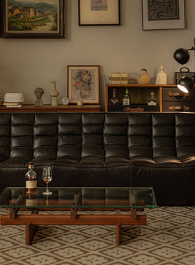 中古风黑色油蜡皮沙发客厅华夫格N701模块转角组合复古设计师沙发