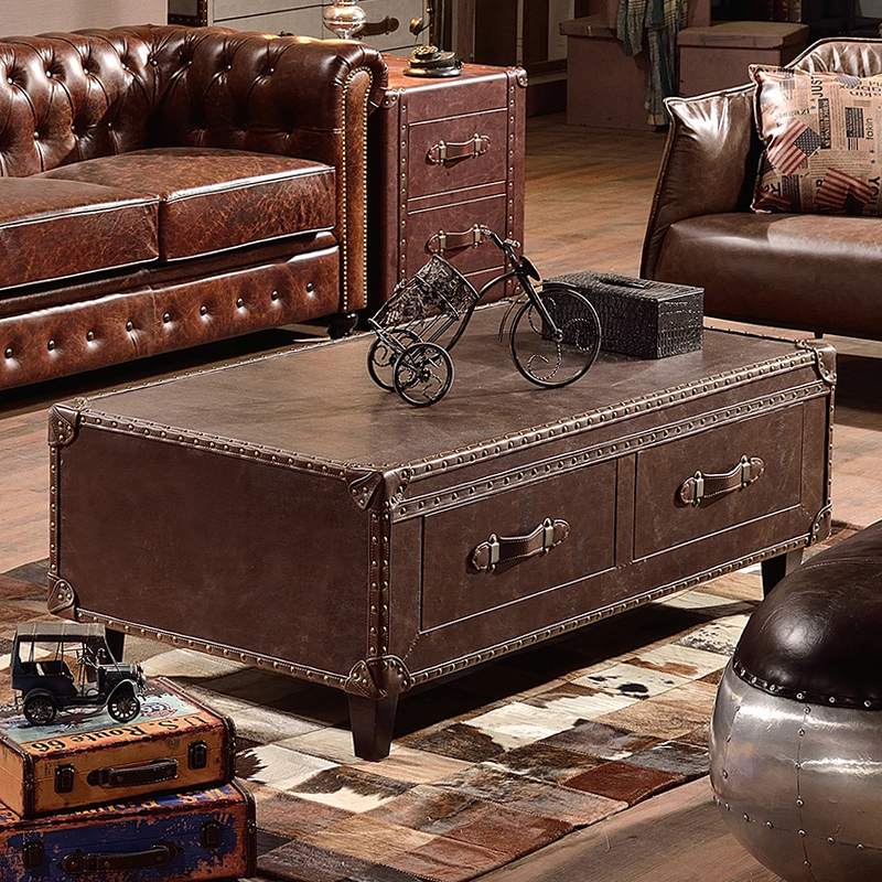 法式复古风皮箱子茶几美式中古个性做旧铆钉茶几桌私人会所雪茄吧
