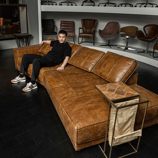 法式复古风布达佩斯沙发油蜡真皮豆腐块异型可躺可睡中古客厅沙发