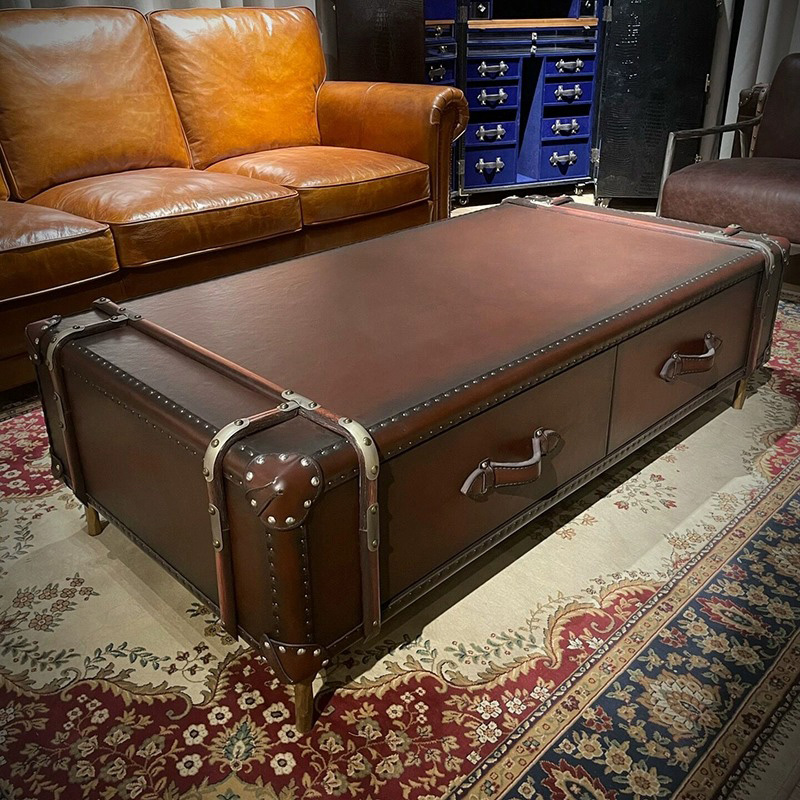 中古风真皮茶几法式做旧咖啡桌旅行箱复古皮箱子藤条茶几雪茄房