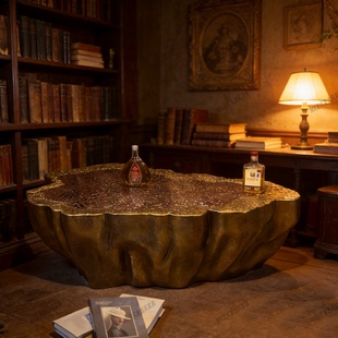 经典中古风客厅异形台面茶几复古威士忌咖啡店创意金色茶几艺术款