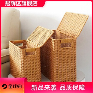 窄高型带盖收纳箱家用缝隙杂志筐仿藤编收纳盒墙角沙发边角储物盒