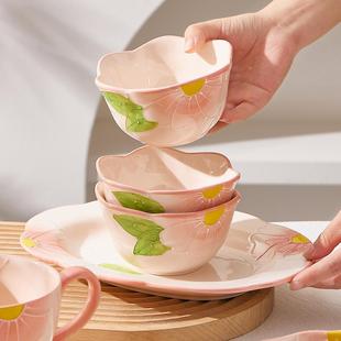 高温釉下彩餐具家用陶瓷碗盘创意手绘浮雕陶瓷碗勺 高颜值手绘日式