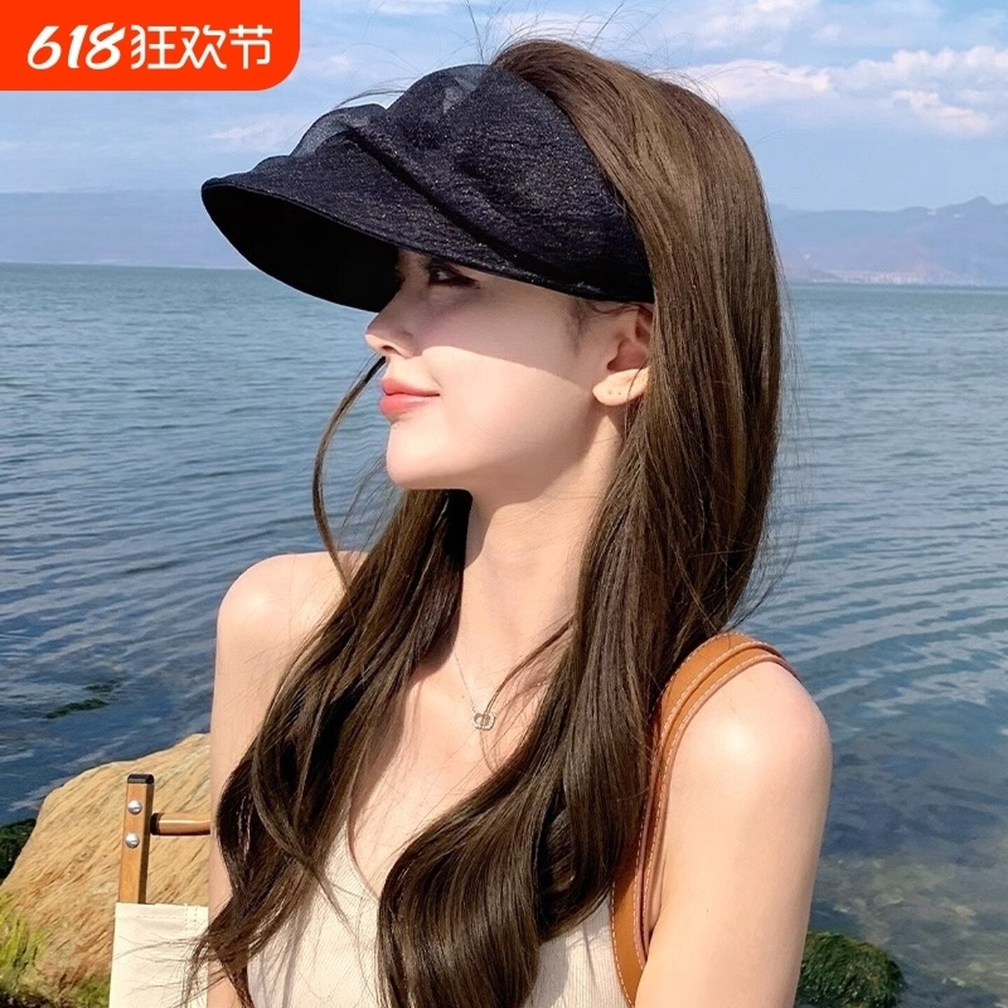 夏季遮阳防晒帽女新款网纱帽子褶皱灰色空顶帽出游发箍太阳帽时尚
