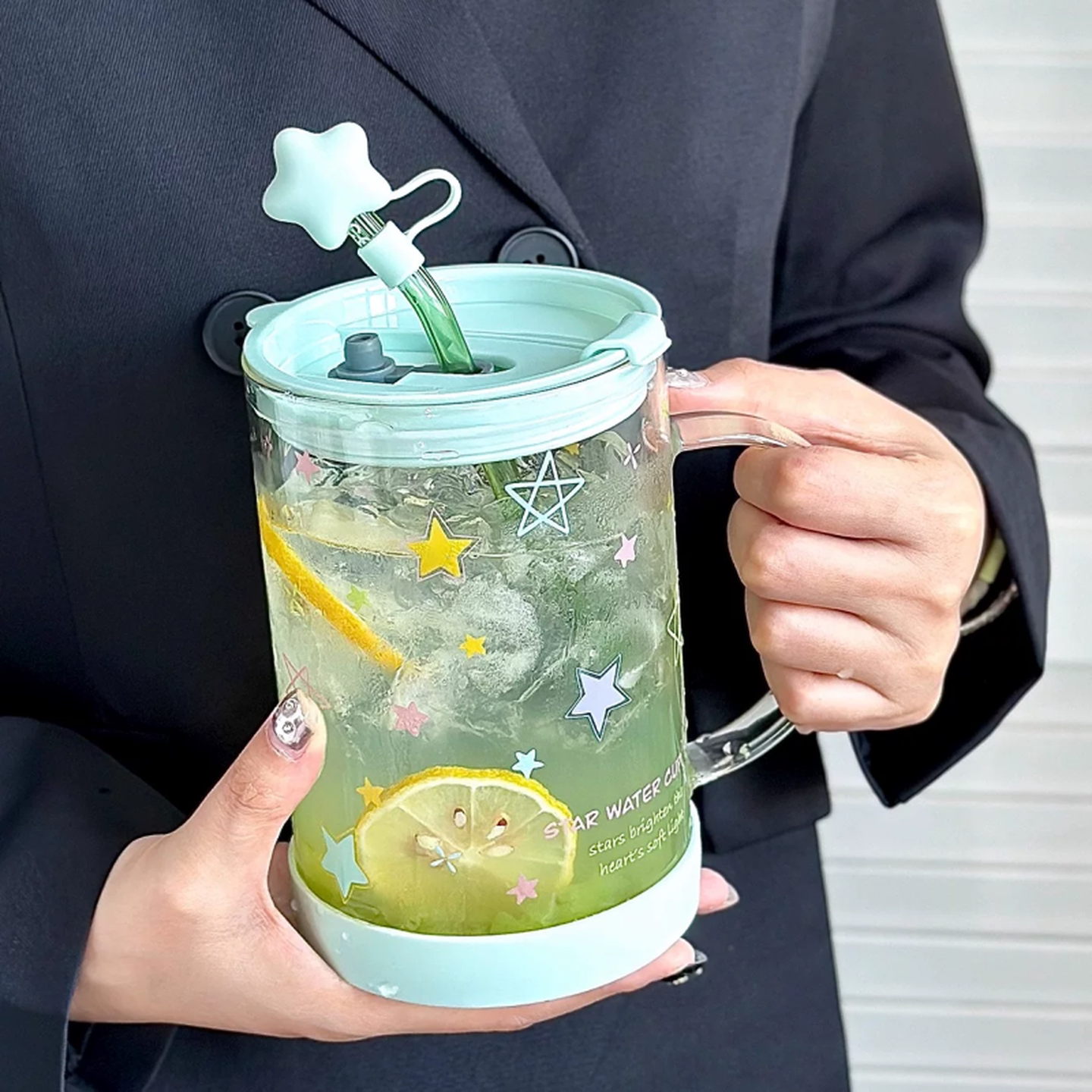夏天水杯女生高颜值1000ml大容量耐高温喝水杯带盖牛奶果汁吸管杯