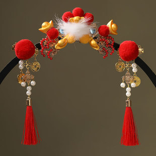 古风发饰女童儿童汉服设计感小财神毛球流苏发夹女孩拜年头饰对夹