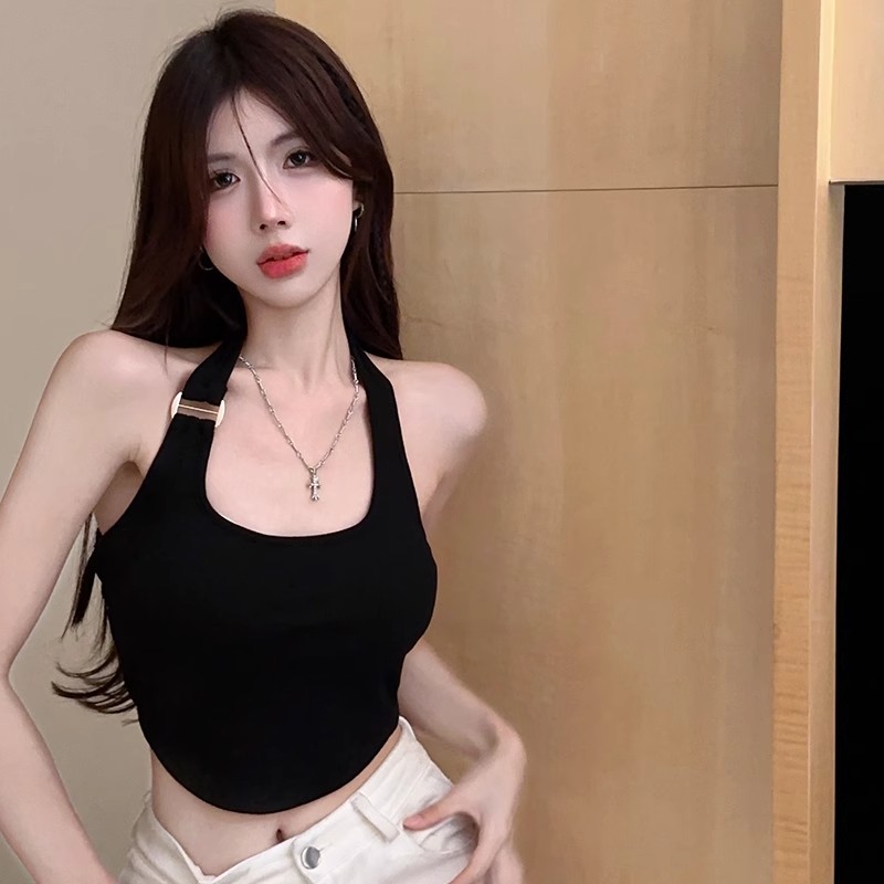 挂脖小吊带背心女内搭带胸垫夏季修身显瘦无袖辣妹外穿美背上衣黑