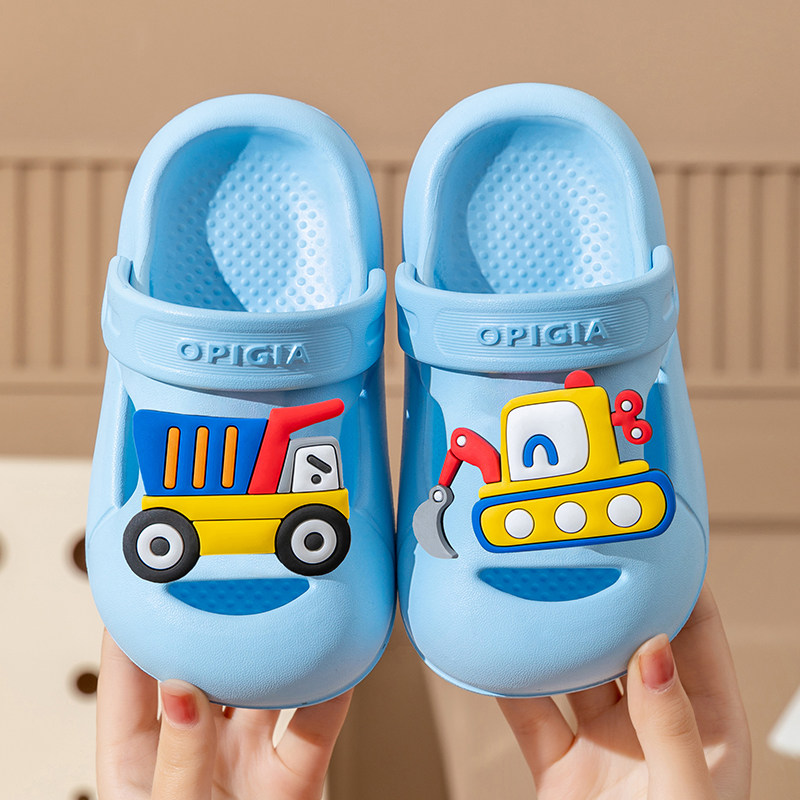 卡通挖掘机儿童拖鞋男童夏季居家厚底防滑男孩沙滩防撞外穿洞洞鞋