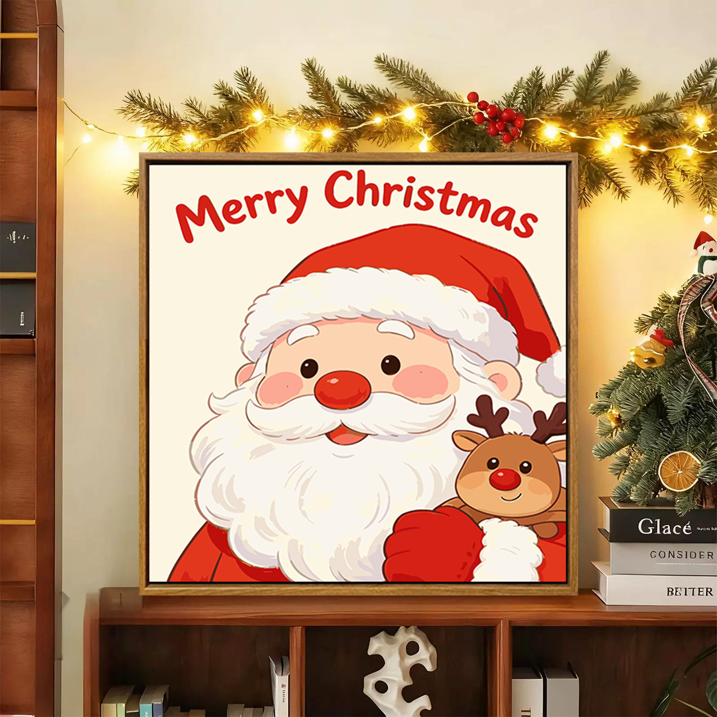 圣诞老人数字油画diy填充色手工绘圣诞小狗可爱卡通丙烯装饰挂画