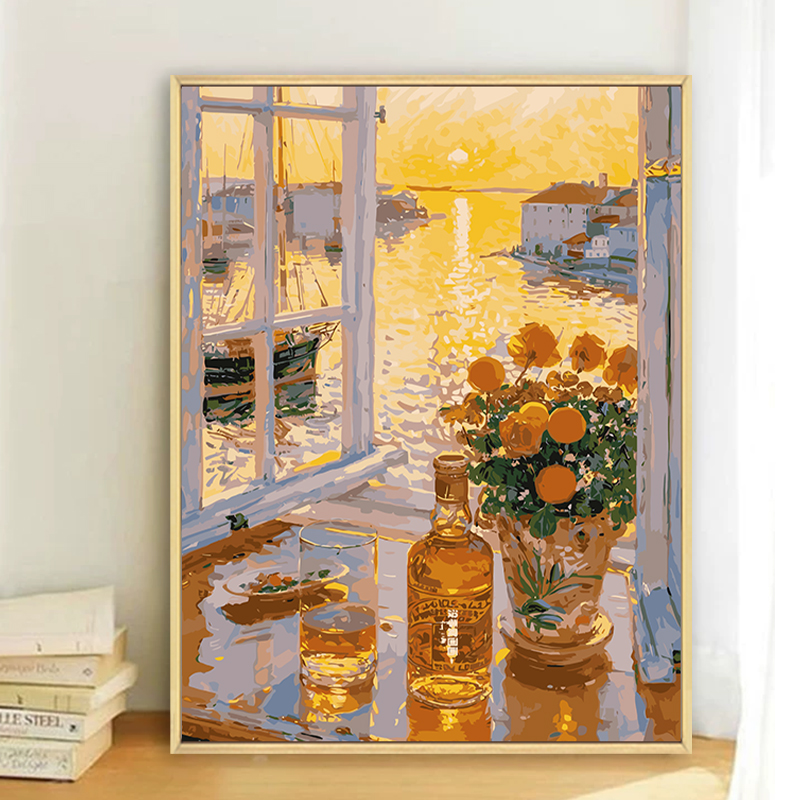 夕阳落日风景数字油画diy填充填色手工绘春日治愈丙烯油彩装饰画图片