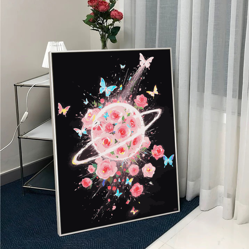 ins高级感玫瑰星球数字油画diy填充填色手工绘蝴蝶丙烯画装饰挂画图片