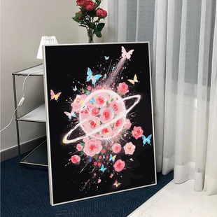 ins高级感玫瑰星球数字油画diy填充填色手工绘蝴蝶丙烯画装饰挂画