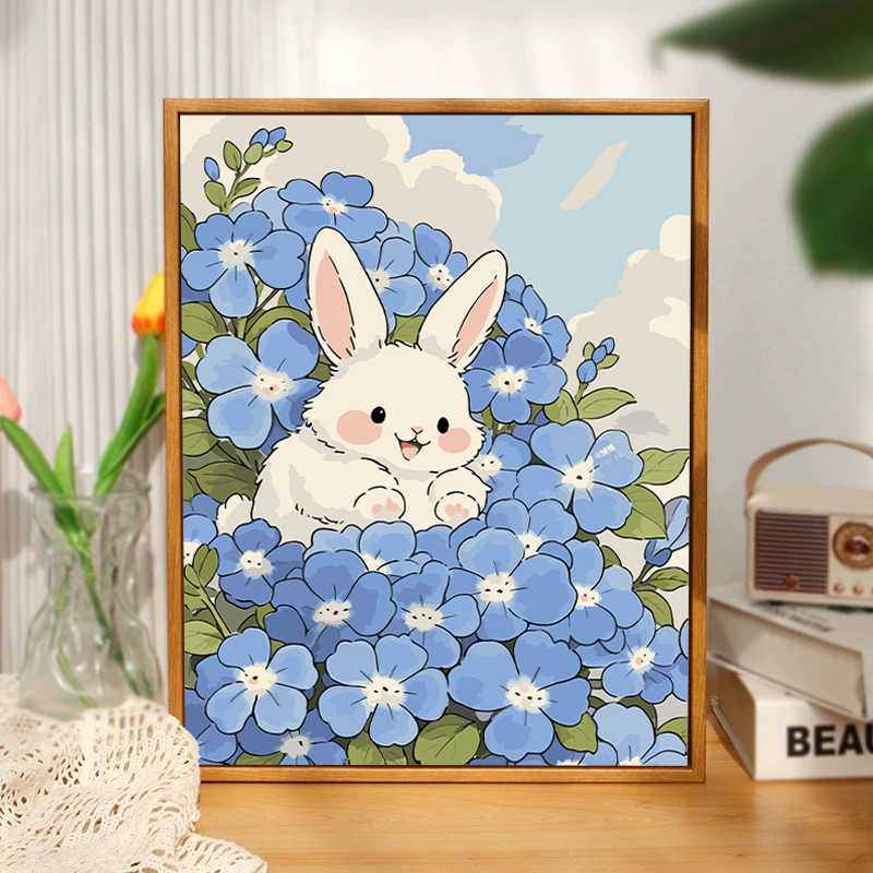 绣球花小兔子数字油画diy填充填色手工绘铃兰花卉丙烯油彩装饰画图片