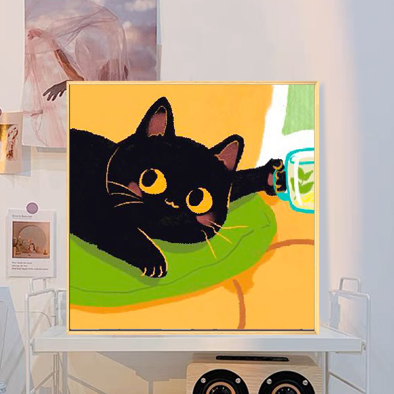 可爱猫咪数字油画diy填充填色手工绘卡通小黑猫丙烯油彩画装饰画图片