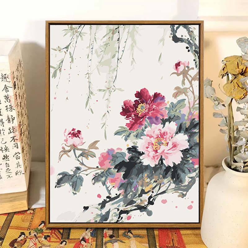 中国风牡丹数字油画diy填充填色手工绘新中式花卉丙烯油彩装饰画图片