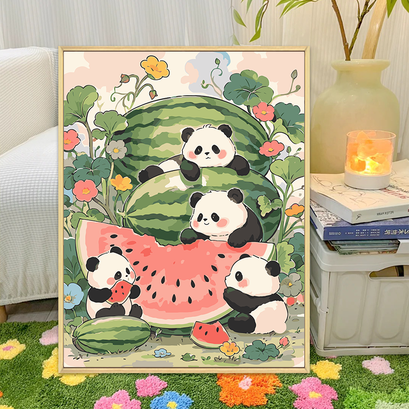 西瓜熊猫diy数字油画装饰画